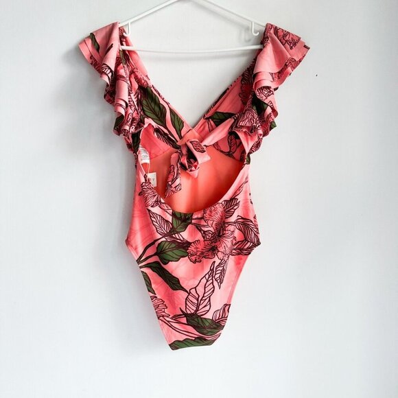 Hutch Floral Salmon Pink Ruffle Detail One Piece Swimsuit S - Picture 2 of 8